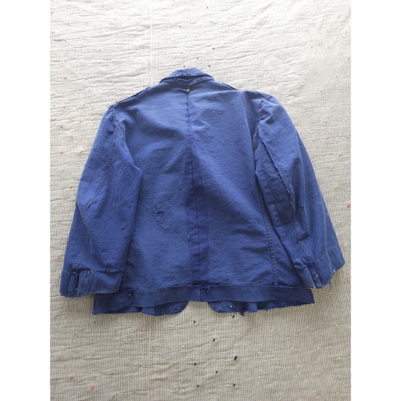 Vintage 1930s 40s French Indigo Moleskin Repaired Blue Work Jacket Women's XL - Picture 6 of 14